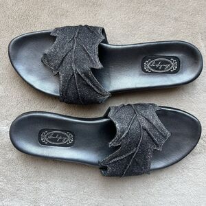 Salpy‎ Thelma Black Pewter Metallic Leaf Thong Sandal Women 6.5 Slip-On Bling